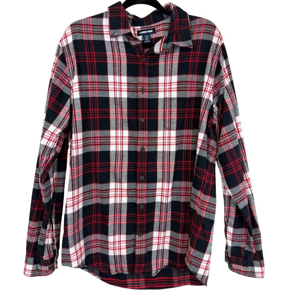 Lands End Tailored Fit Black and Red Plaid Button Up Shirt Size 16-16.5